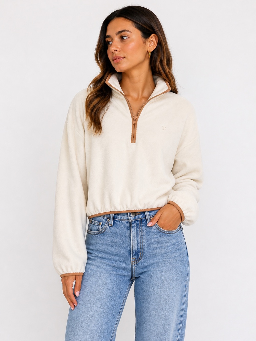 PINK Victoria’s Secret Cropped Fleece Pullover Quarter Zip Cream (Size M)